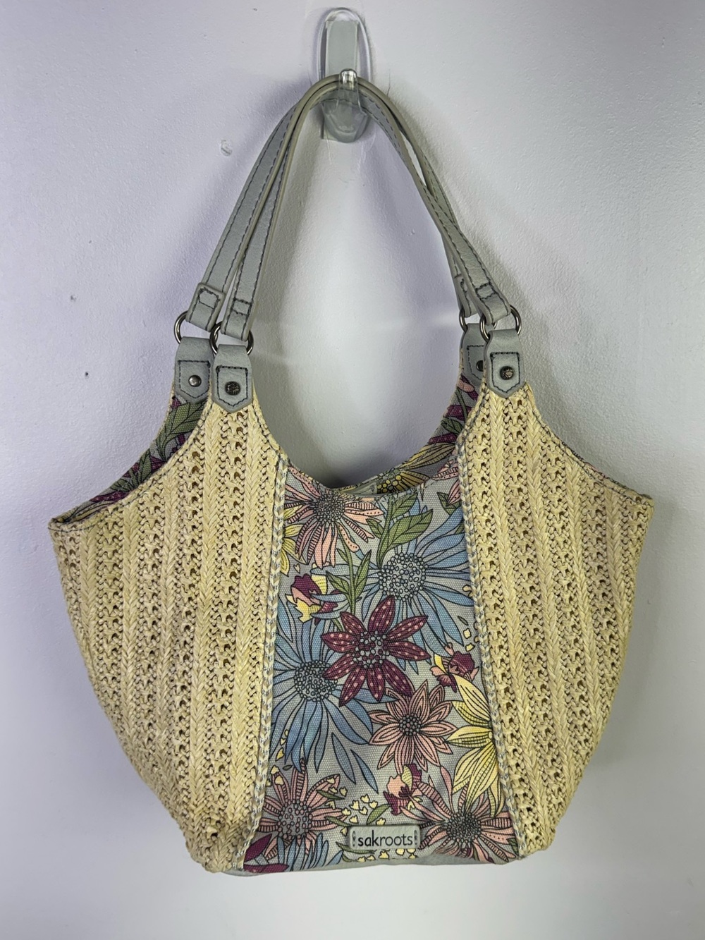 Sakroots Roma Beige Straw Tote Handbag With Floral Panel Accent